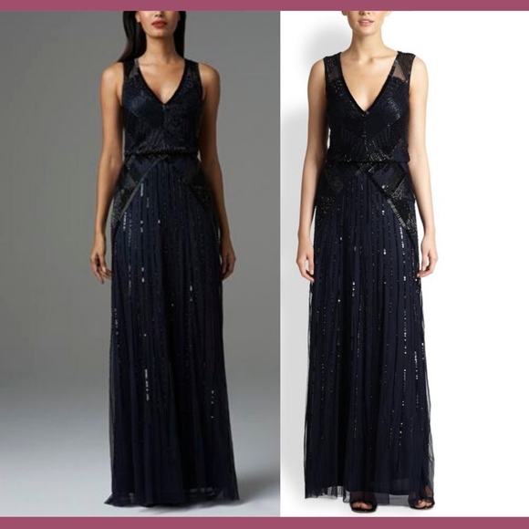NWT Aidan Mattox V-Neck Blouson Beaded Gown‎ in Navy Blue/Black [SZ 6 US] - Picture 7 of 7